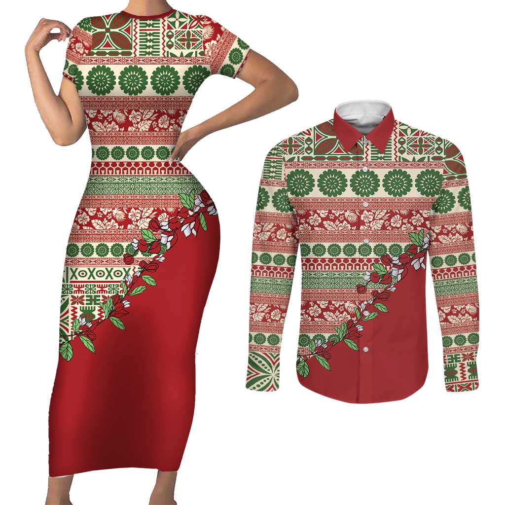 Fiji Marau na Kerisimasi Couples Matching Short Sleeve Bodycon Dress and Long Sleeve Button Shirt Red Tagimoucia Tapa Masi Tribal - Polynesian Pride