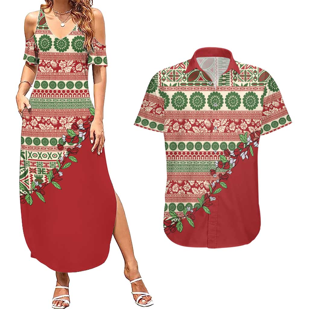 Fiji Marau na Kerisimasi Couples Matching Summer Maxi Dress and Hawaiian Shirt Red Tagimoucia Tapa Masi Tribal LT9 Red - Polynesian Pride