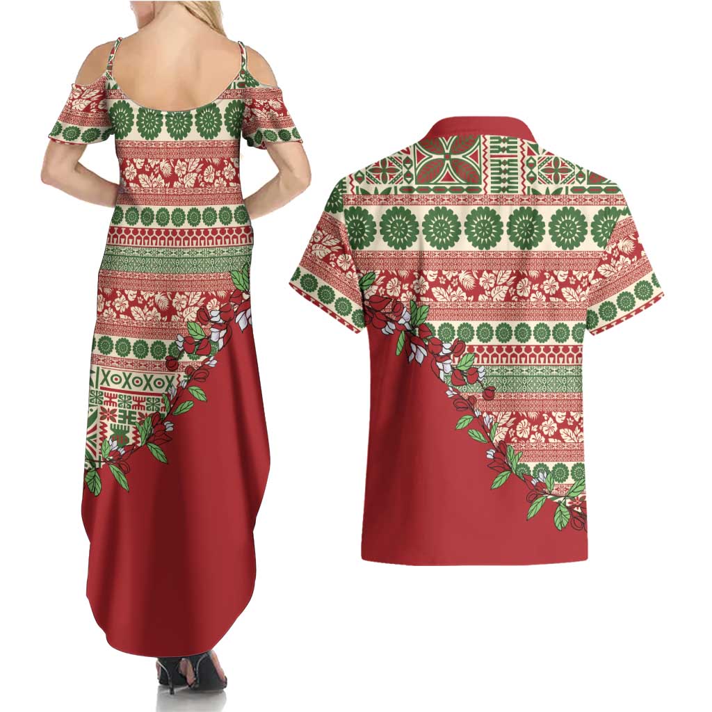 Fiji Marau na Kerisimasi Couples Matching Summer Maxi Dress and Hawaiian Shirt Red Tagimoucia Tapa Masi Tribal LT9 - Polynesian Pride