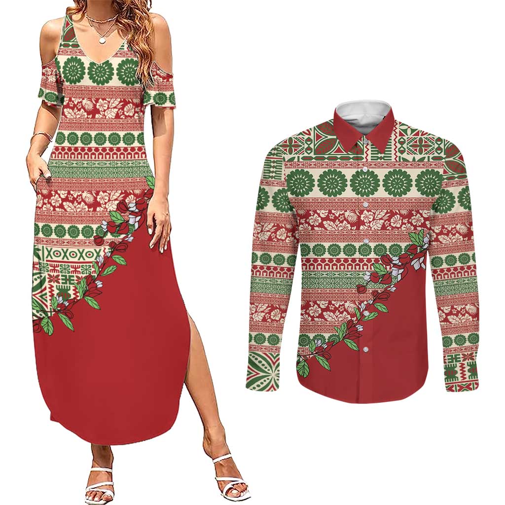 Fiji Marau na Kerisimasi Couples Matching Summer Maxi Dress and Long Sleeve Button Shirt Red Tagimoucia Tapa Masi Tribal LT9 Red - Polynesian Pride