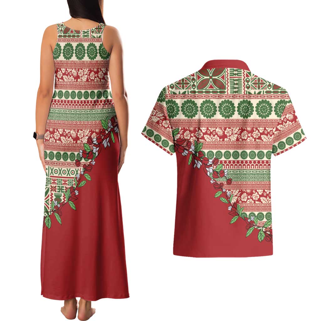 Fiji Marau na Kerisimasi Couples Matching Tank Maxi Dress and Hawaiian Shirt Red Tagimoucia Tapa Masi Tribal LT9 - Polynesian Pride