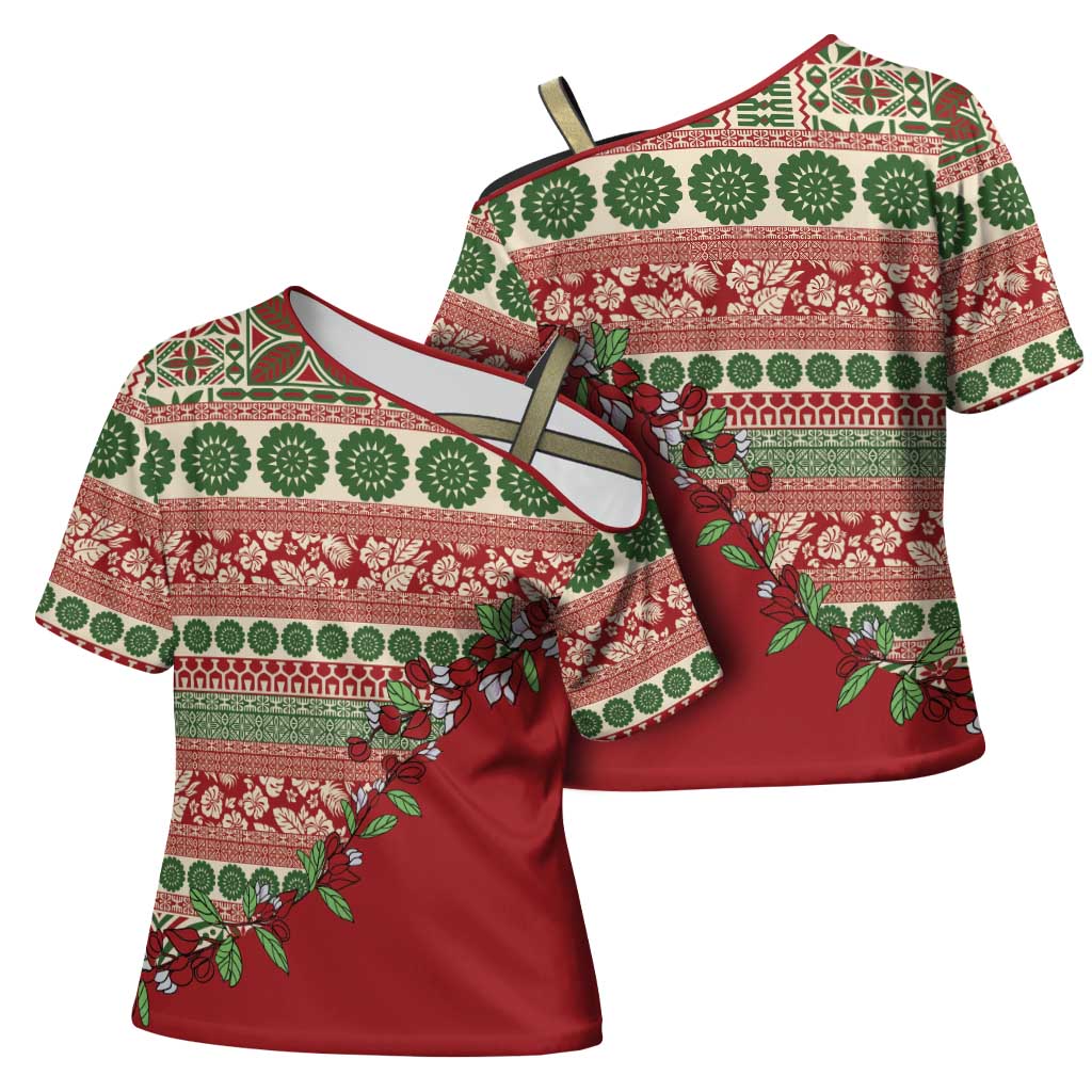 Fiji Marau na Kerisimasi Cross Shoulder Shirt Red Tagimoucia Tapa Masi Tribal LT9 - Polynesian Pride