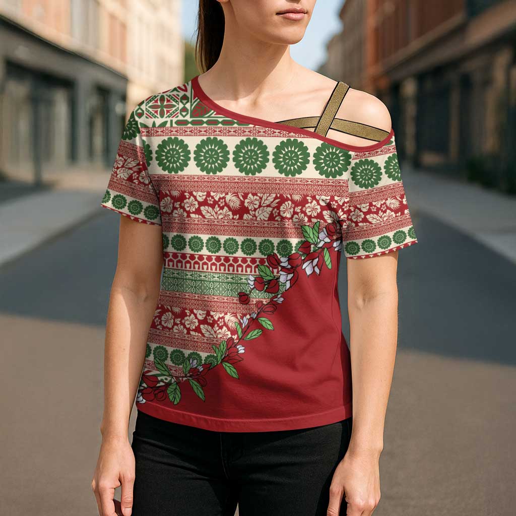 Fiji Marau na Kerisimasi Cross Shoulder Shirt Red Tagimoucia Tapa Masi Tribal LT9 - Polynesian Pride