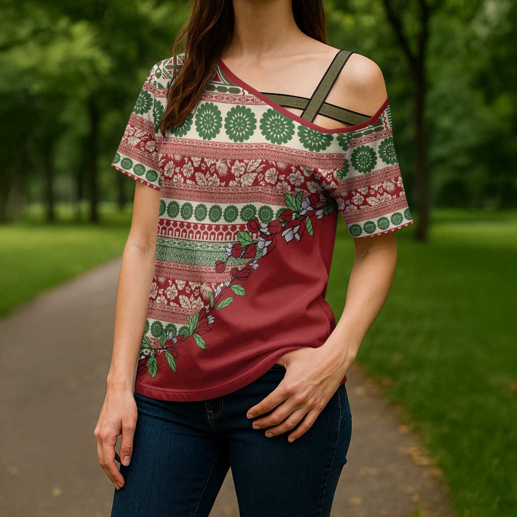 Fiji Marau na Kerisimasi Cross Shoulder Shirt Red Tagimoucia Tapa Masi Tribal LT9 - Polynesian Pride