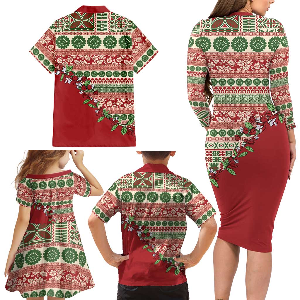 Fiji Marau na Kerisimasi Family Matching Long Sleeve Bodycon Dress and Hawaiian Shirt Red Tagimoucia Tapa Masi Tribal LT9 - Polynesian Pride