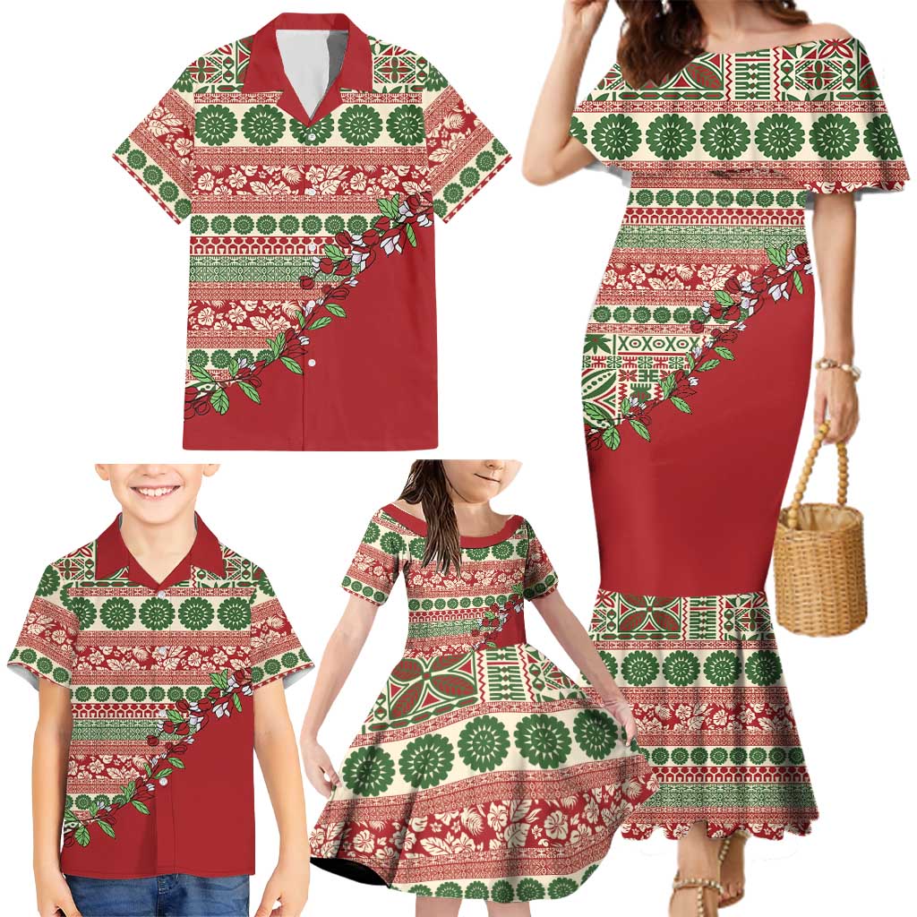 Fiji Marau na Kerisimasi Family Matching Mermaid Dress and Hawaiian Shirt Red Tagimoucia Tapa Masi Tribal LT9 - Polynesian Pride
