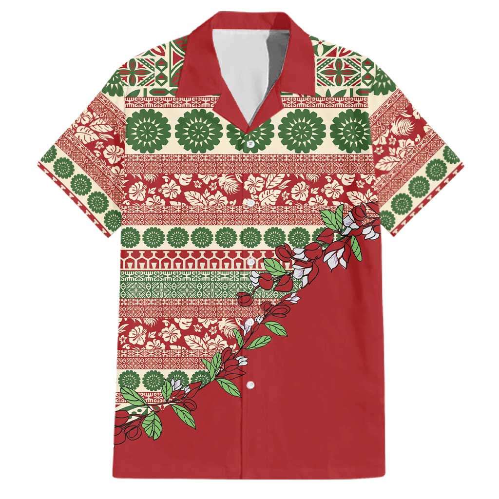 Fiji Marau na Kerisimasi Family Matching Off The Shoulder Long Sleeve Dress and Hawaiian Shirt Red Tagimoucia Tapa Masi Tribal LT9 Dad's Shirt - Short Sleeve Red - Polynesian Pride