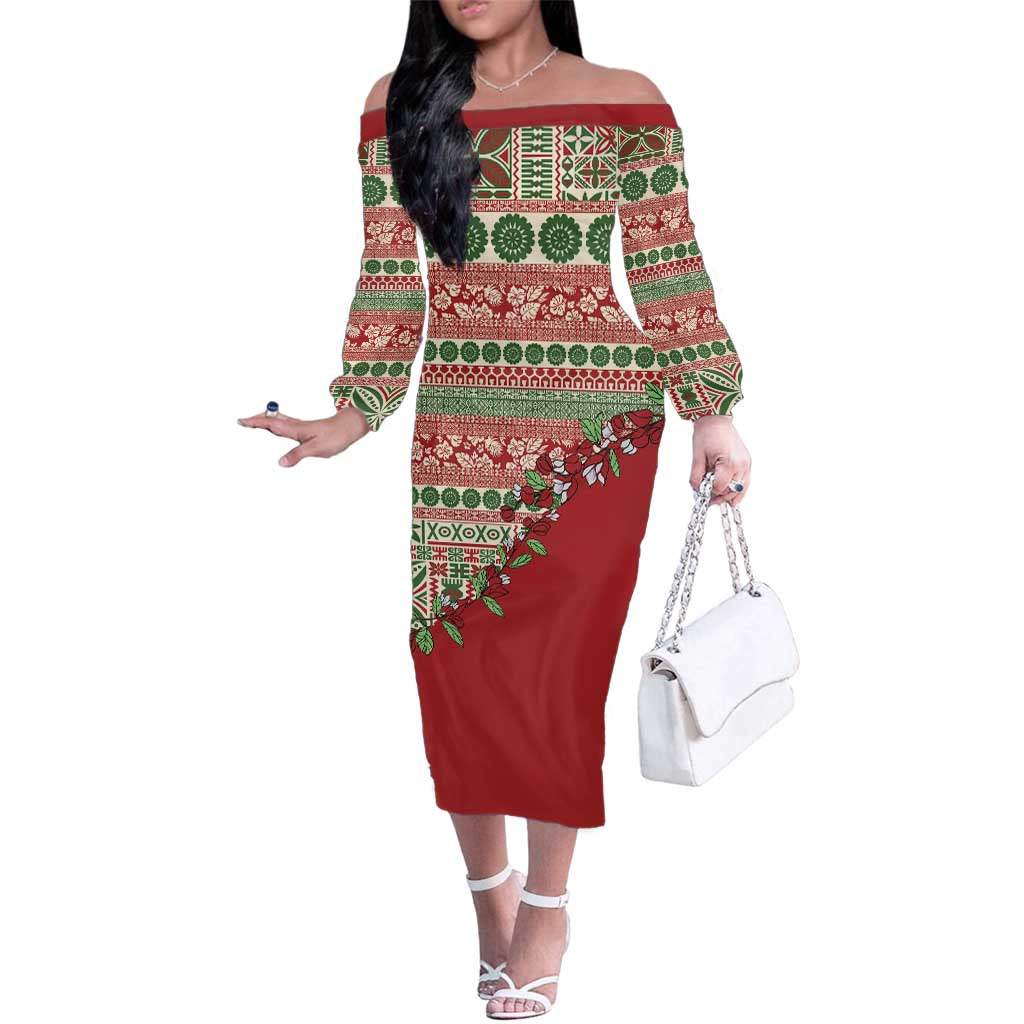 Fiji Marau na Kerisimasi Family Matching Off The Shoulder Long Sleeve Dress and Hawaiian Shirt Red Tagimoucia Tapa Masi Tribal LT9 Mom's Dress Red - Polynesian Pride
