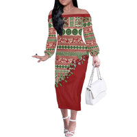 Fiji Marau na Kerisimasi Family Matching Off The Shoulder Long Sleeve Dress and Hawaiian Shirt Red Tagimoucia Tapa Masi Tribal LT9 Mom's Dress Red - Polynesian Pride