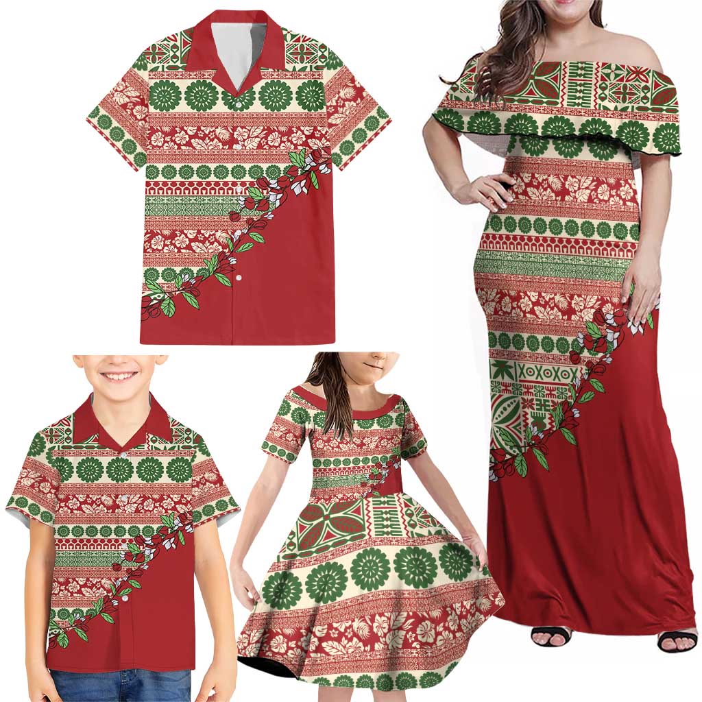Fiji Marau na Kerisimasi Family Matching Off Shoulder Maxi Dress and Hawaiian Shirt Red Tagimoucia Tapa Masi Tribal - Polynesian Pride
