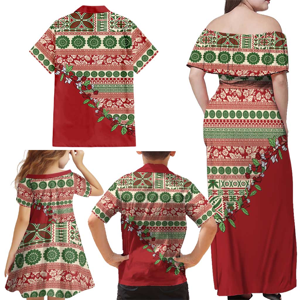 Fiji Marau na Kerisimasi Family Matching Off Shoulder Maxi Dress and Hawaiian Shirt Red Tagimoucia Tapa Masi Tribal LT9 - Polynesian Pride