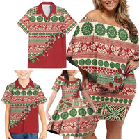Fiji Marau na Kerisimasi Family Matching Off Shoulder Short Dress and Hawaiian Shirt Red Tagimoucia Tapa Masi Tribal LT9 - Polynesian Pride