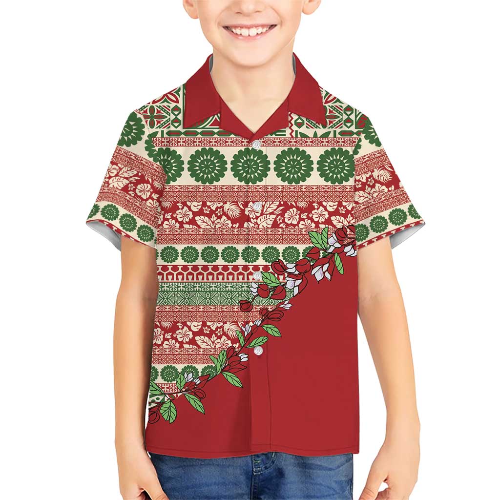 Fiji Marau na Kerisimasi Family Matching Off Shoulder Short Dress and Hawaiian Shirt Red Tagimoucia Tapa Masi Tribal LT9 Son's Shirt Red - Polynesian Pride