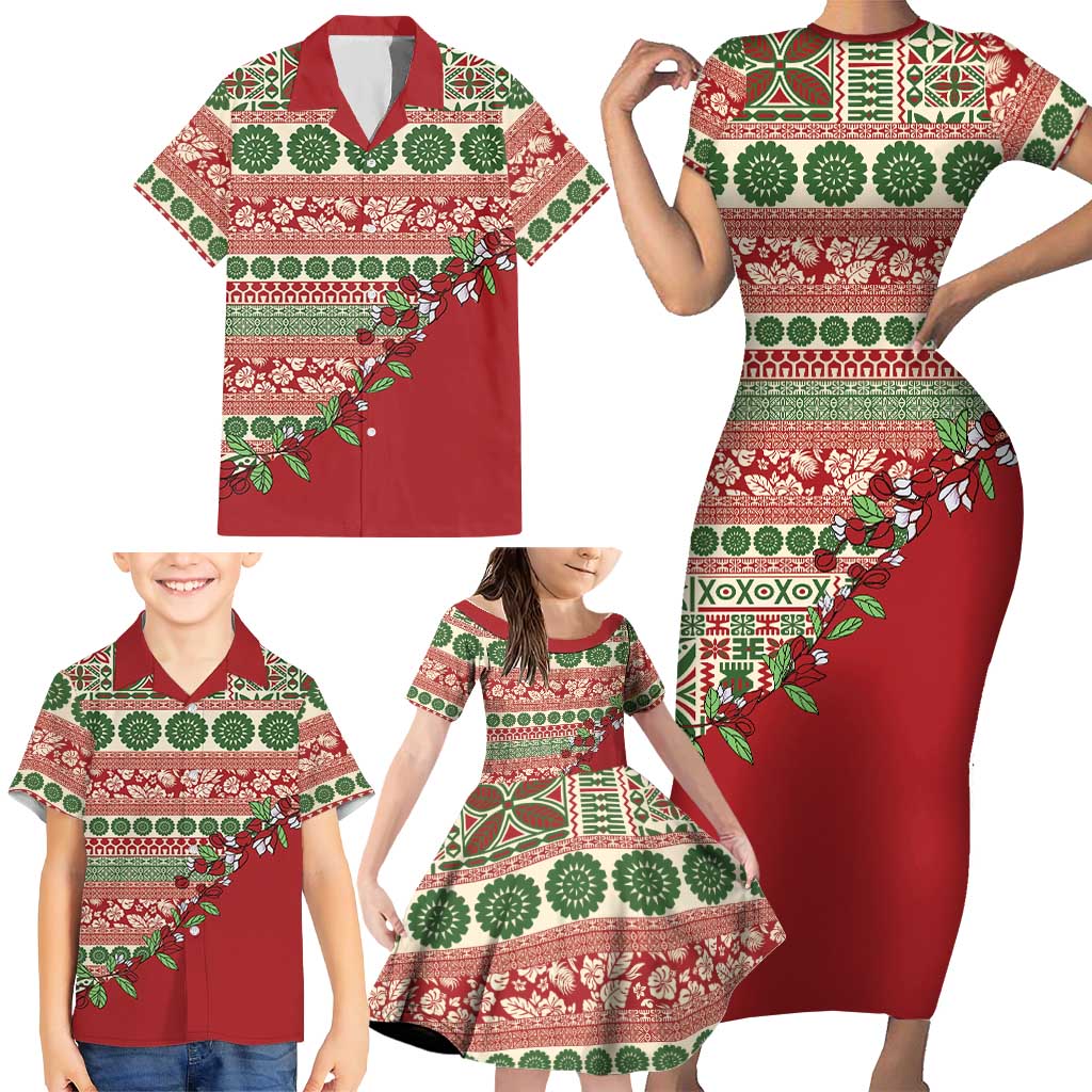 Fiji Marau na Kerisimasi Family Matching Short Sleeve Bodycon Dress and Hawaiian Shirt Red Tagimoucia Tapa Masi Tribal LT9 - Polynesian Pride