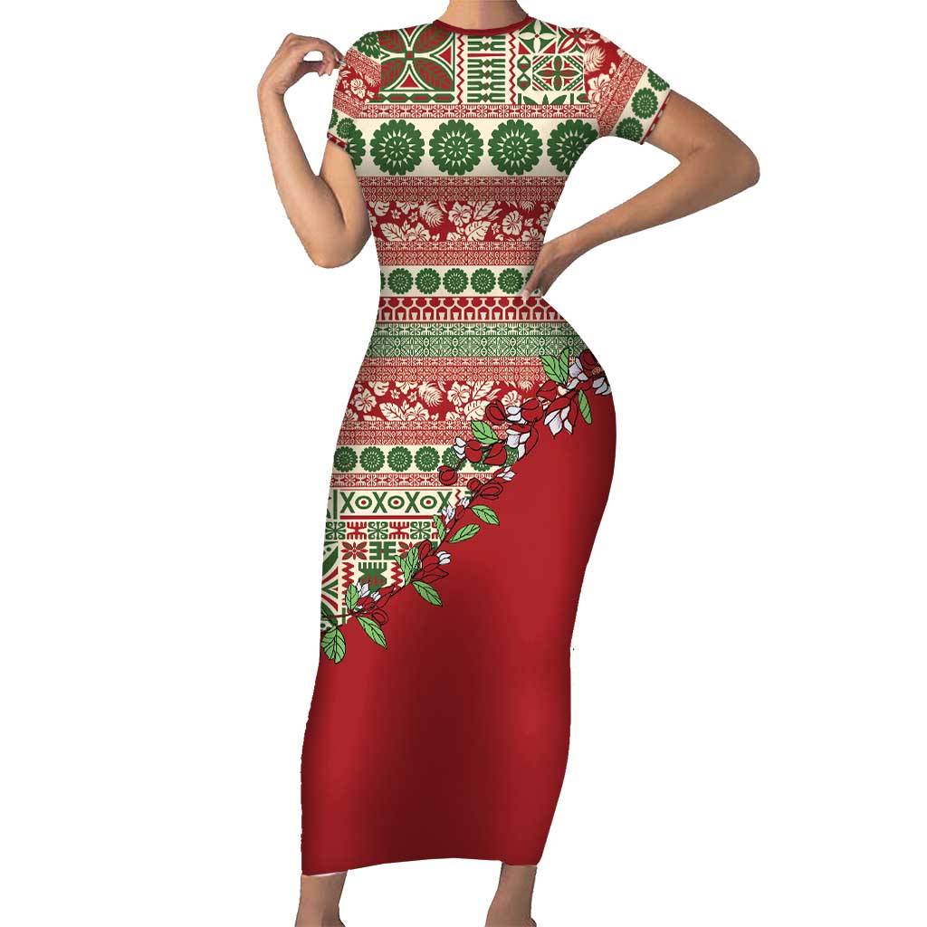 Fiji Marau na Kerisimasi Family Matching Short Sleeve Bodycon Dress and Hawaiian Shirt Red Tagimoucia Tapa Masi Tribal LT9 Mom's Dress Red - Polynesian Pride