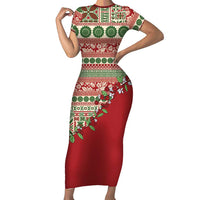 Fiji Marau na Kerisimasi Family Matching Short Sleeve Bodycon Dress and Hawaiian Shirt Red Tagimoucia Tapa Masi Tribal LT9 Mom's Dress Red - Polynesian Pride