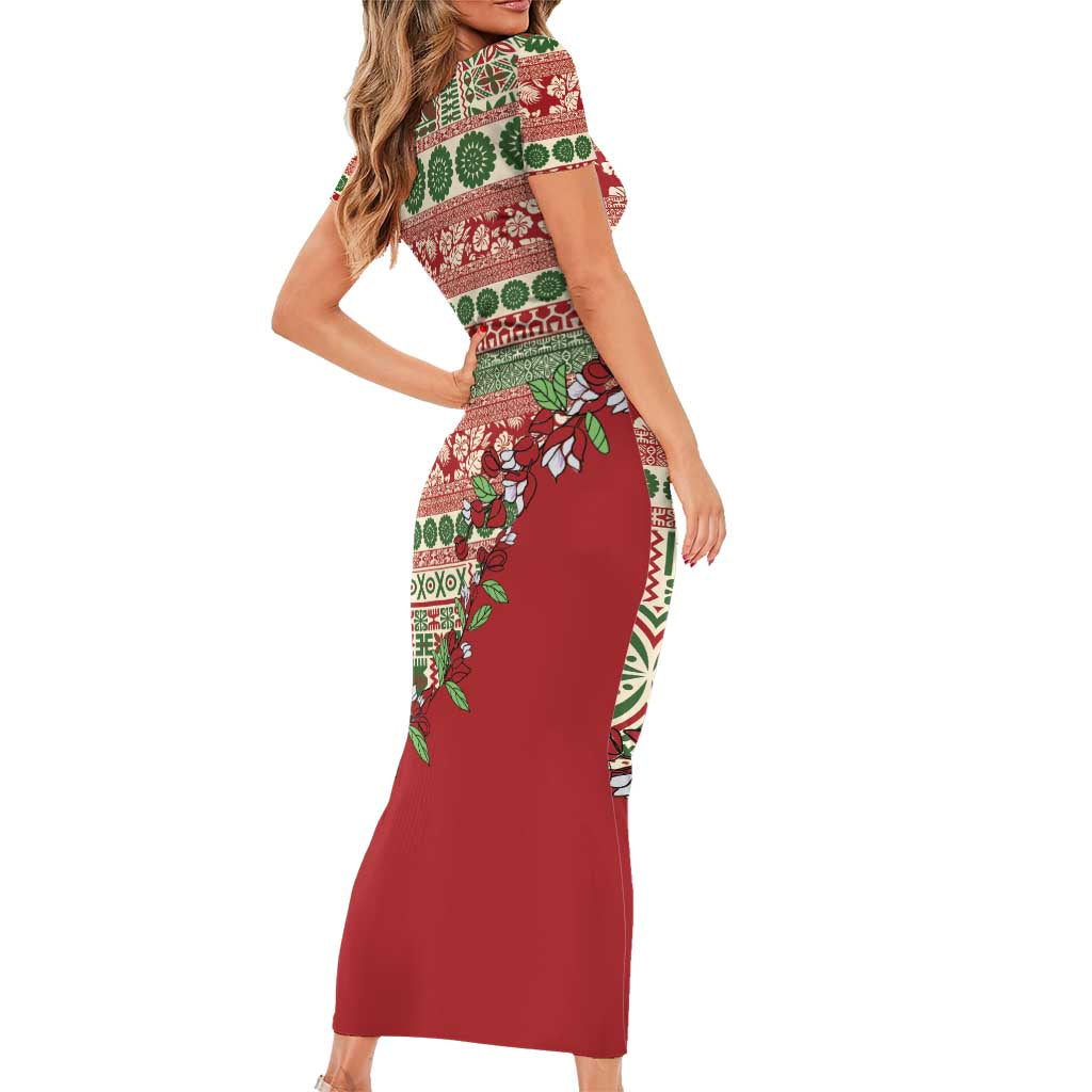 Fiji Marau na Kerisimasi Family Matching Short Sleeve Bodycon Dress and Hawaiian Shirt Red Tagimoucia Tapa Masi Tribal LT9 - Polynesian Pride