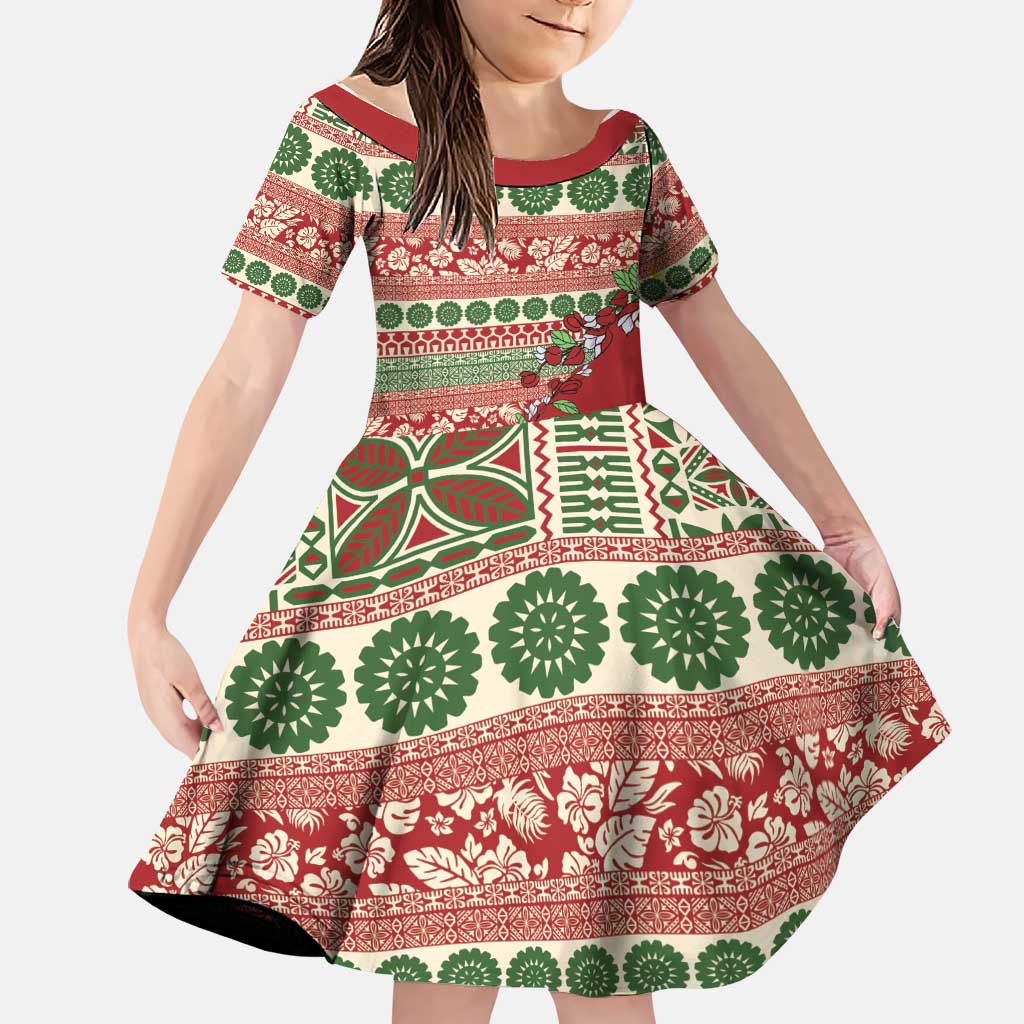 Fiji Marau na Kerisimasi Family Matching Tank Maxi Dress and Hawaiian Shirt Red Tagimoucia Tapa Masi Tribal LT9 Daughter's Dress Red - Polynesian Pride