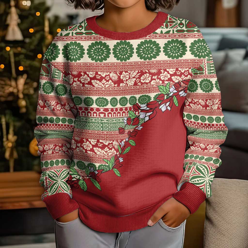 Fiji Marau na Kerisimasi Kid Ugly Christmas Sweater Red Tagimoucia Tapa Masi Tribal LT9 - Polynesian Pride