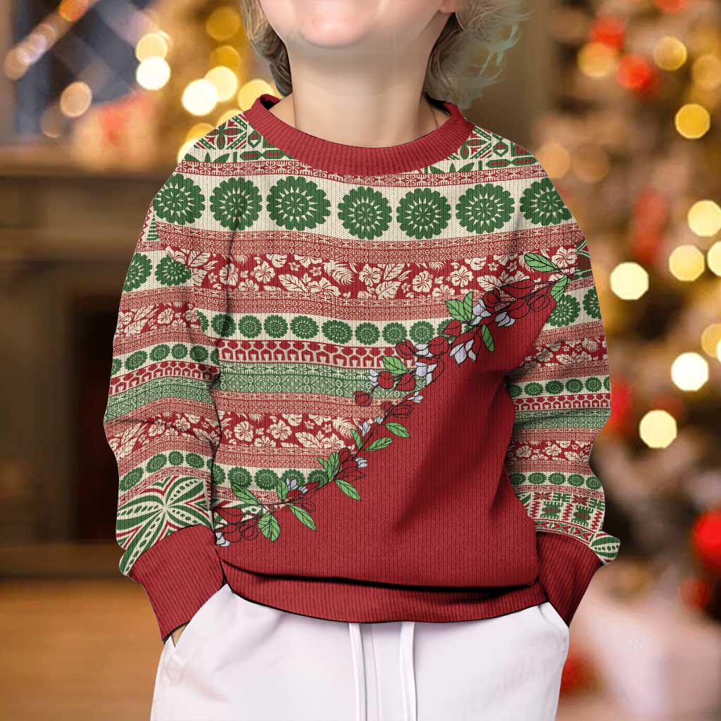 Fiji Marau na Kerisimasi Kid Ugly Christmas Sweater Red Tagimoucia Tapa Masi Tribal LT9 - Polynesian Pride