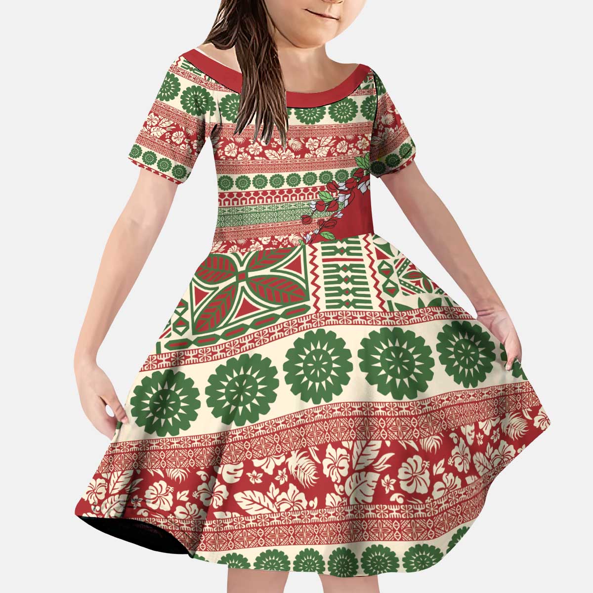 Fiji Marau na Kerisimasi Kid Short Sleeve Dress Red Tagimoucia Tapa Masi Tribal LT9 KID Red - Polynesian Pride