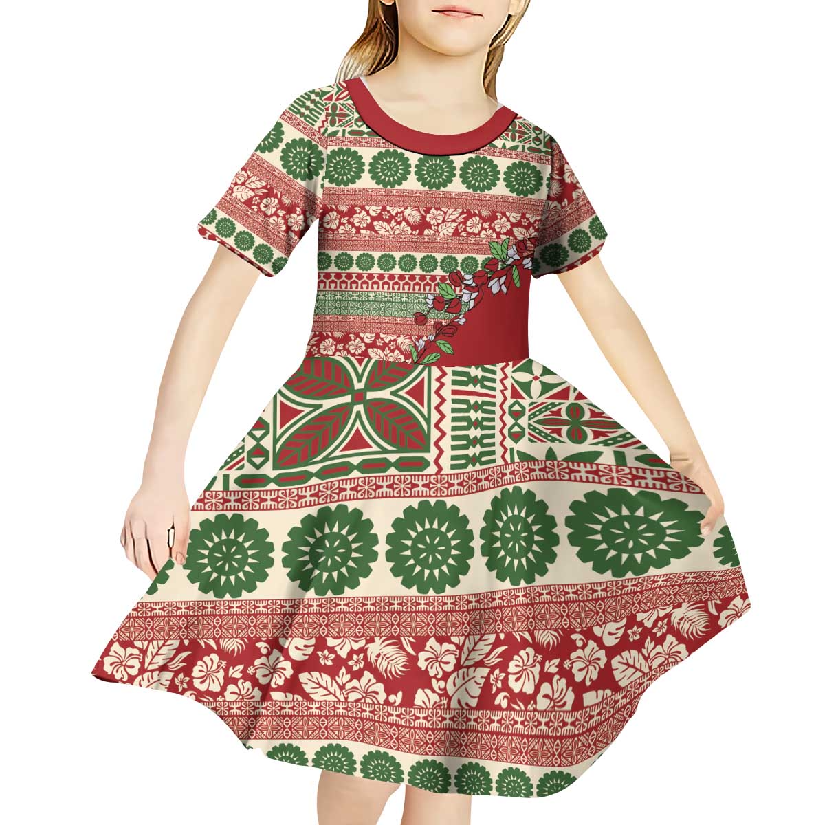 Fiji Marau na Kerisimasi Kid Short Sleeve Dress Red Tagimoucia Tapa Masi Tribal LT9 - Polynesian Pride
