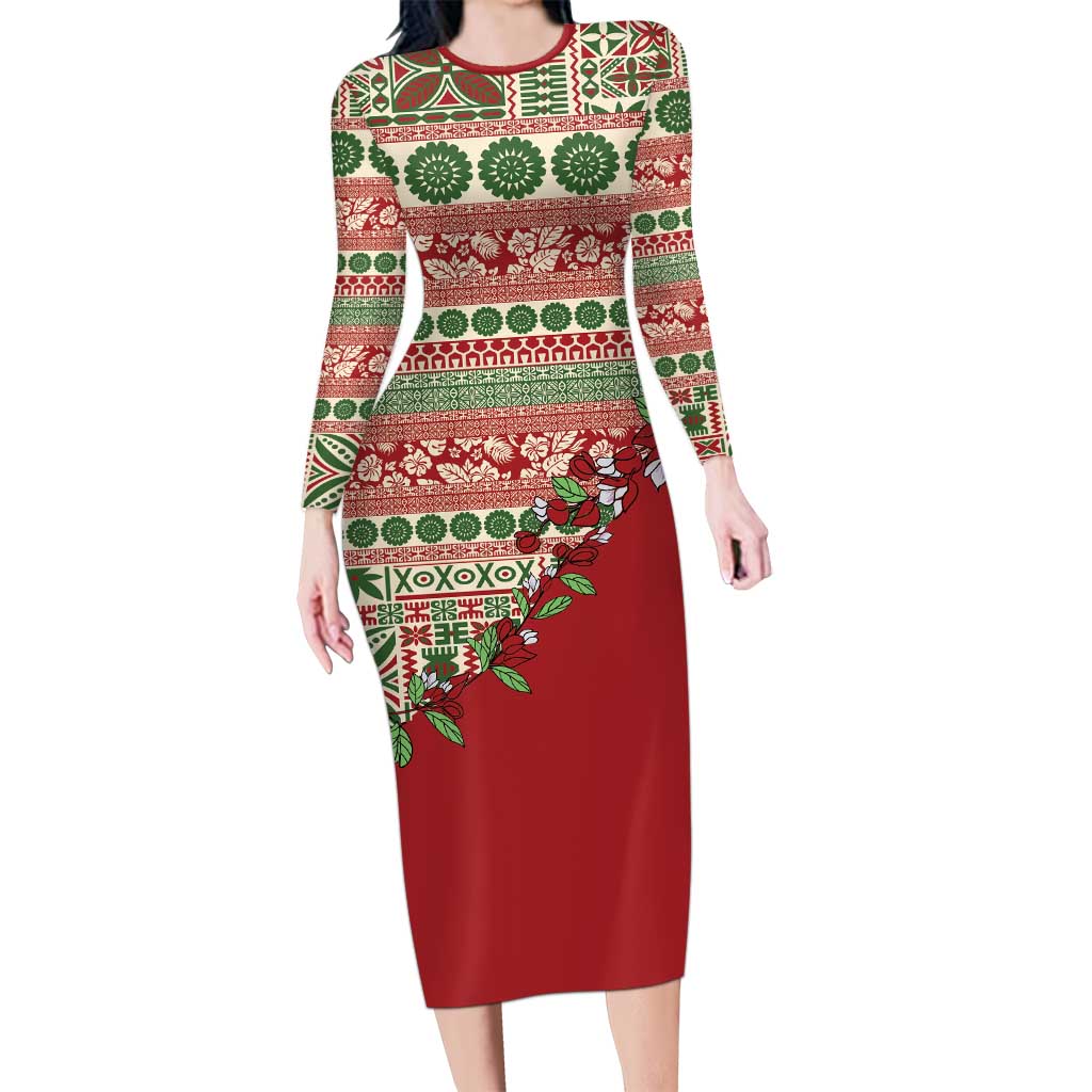 Fiji Marau na Kerisimasi Long Sleeve Bodycon Dress Red Tagimoucia Tapa Masi Tribal LT9 Long Dress Red - Polynesian Pride