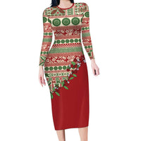 Fiji Marau na Kerisimasi Long Sleeve Bodycon Dress Red Tagimoucia Tapa Masi Tribal LT9 Long Dress Red - Polynesian Pride