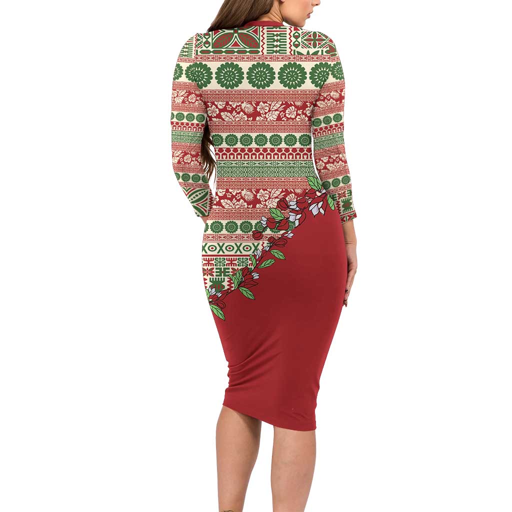 Fiji Marau na Kerisimasi Long Sleeve Bodycon Dress Red Tagimoucia Tapa Masi Tribal LT9 - Polynesian Pride