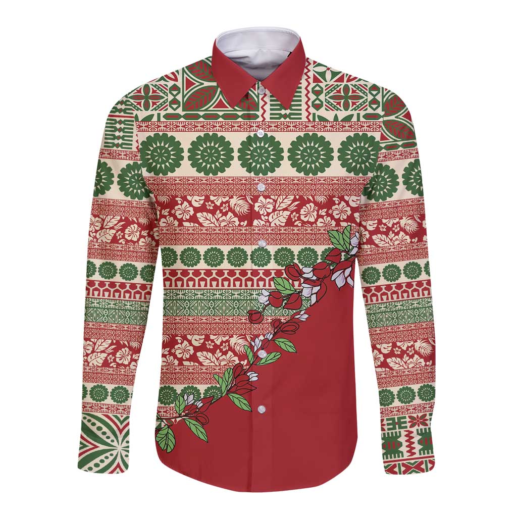 Fiji Marau na Kerisimasi Long Sleeve Button Shirt Red Tagimoucia Tapa Masi Tribal LT9 Unisex Red - Polynesian Pride
