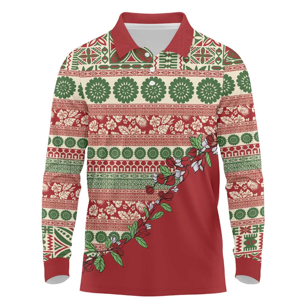Fiji Marau na Kerisimasi Long Sleeve Polo Shirt Red Tagimoucia Tapa Masi Tribal LT9 Red - Polynesian Pride