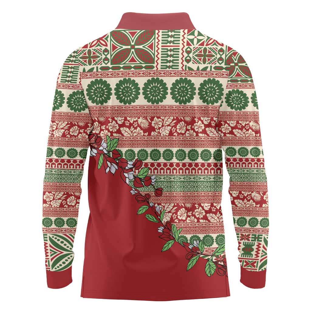 Fiji Marau na Kerisimasi Long Sleeve Polo Shirt Red Tagimoucia Tapa Masi Tribal LT9 - Polynesian Pride
