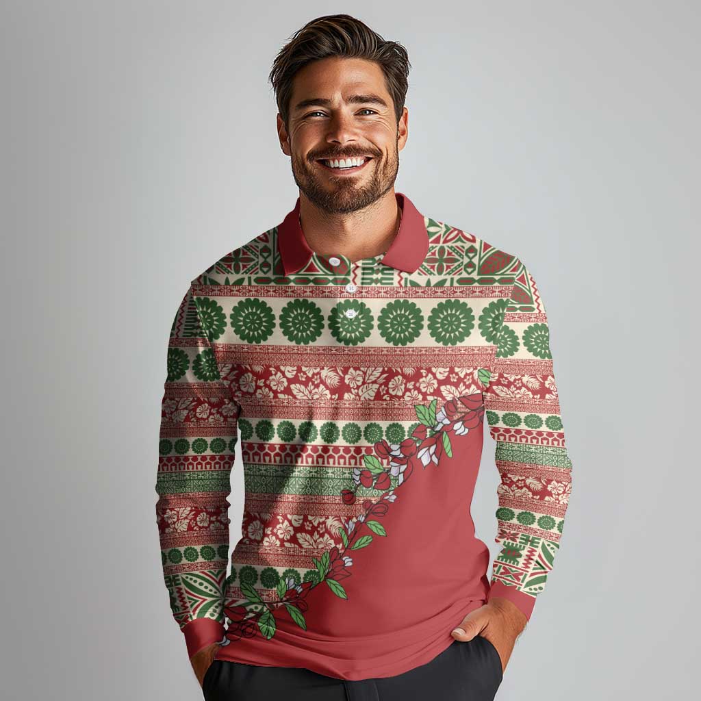 Fiji Marau na Kerisimasi Long Sleeve Polo Shirt Red Tagimoucia Tapa Masi Tribal LT9 - Polynesian Pride