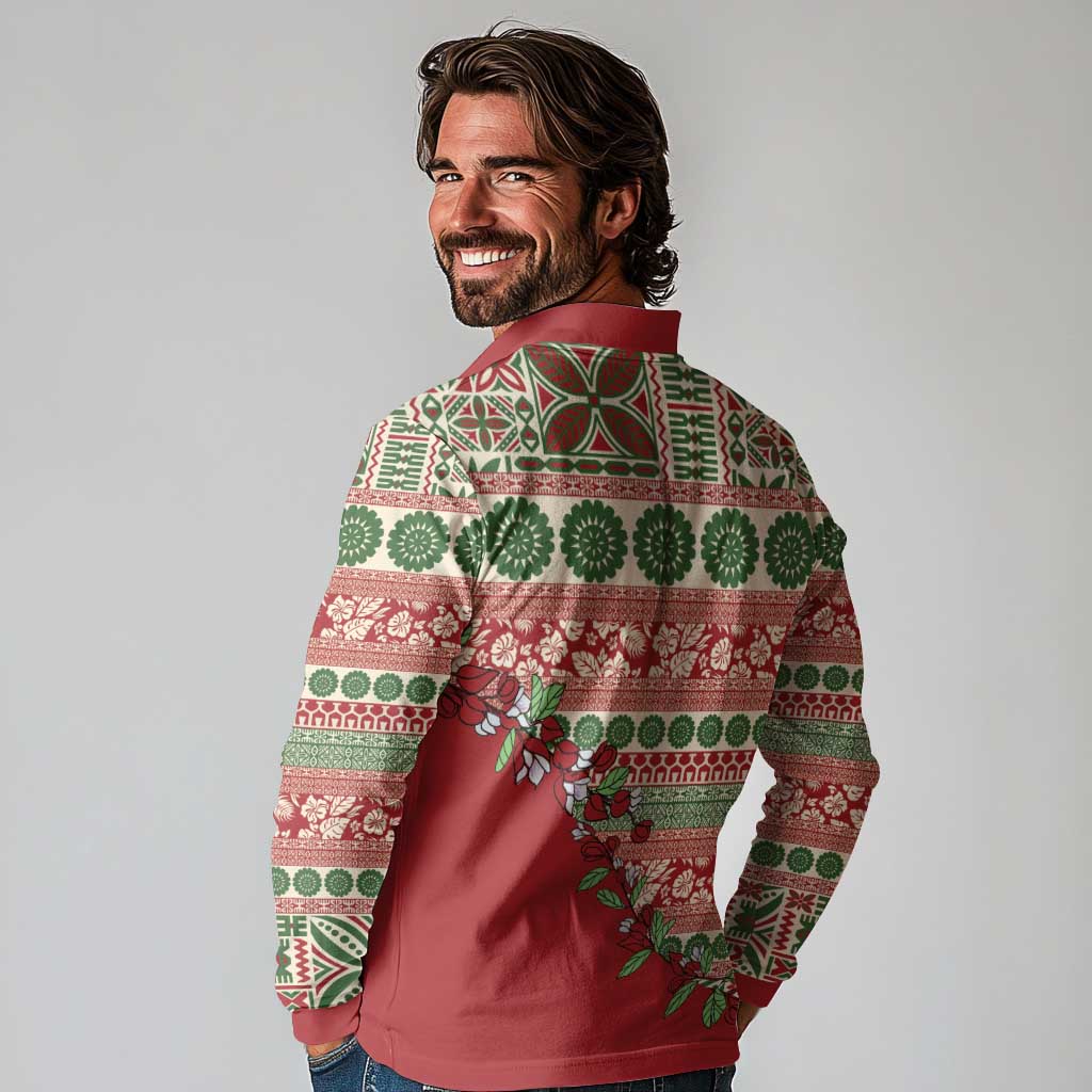 Fiji Marau na Kerisimasi Long Sleeve Polo Shirt Red Tagimoucia Tapa Masi Tribal LT9 - Polynesian Pride