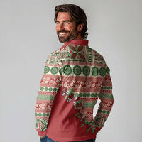 Fiji Marau na Kerisimasi Long Sleeve Polo Shirt Red Tagimoucia Tapa Masi Tribal LT9 - Polynesian Pride