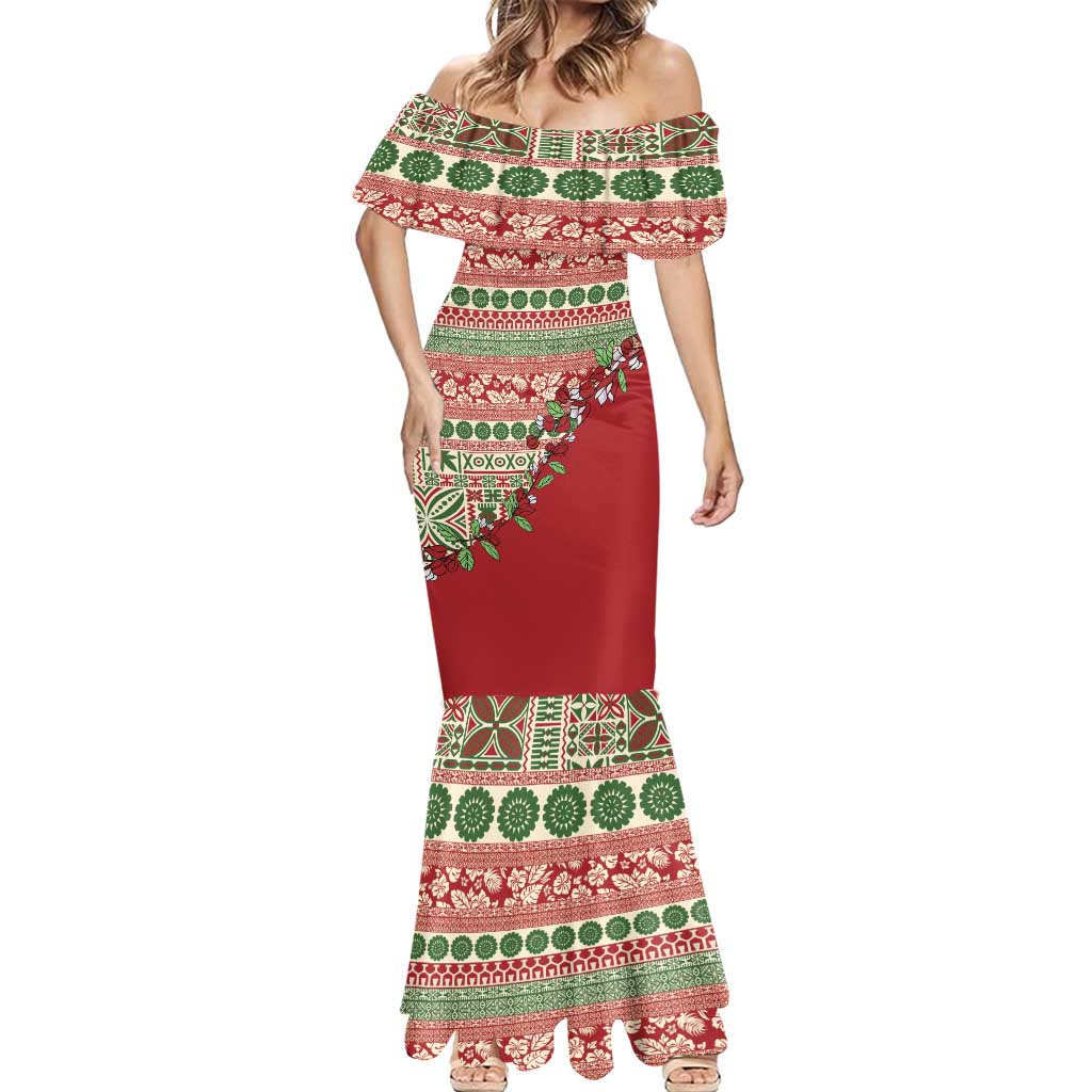 Fiji Marau na Kerisimasi Mermaid Dress Red Tagimoucia Tapa Masi Tribal LT9 - Polynesian Pride