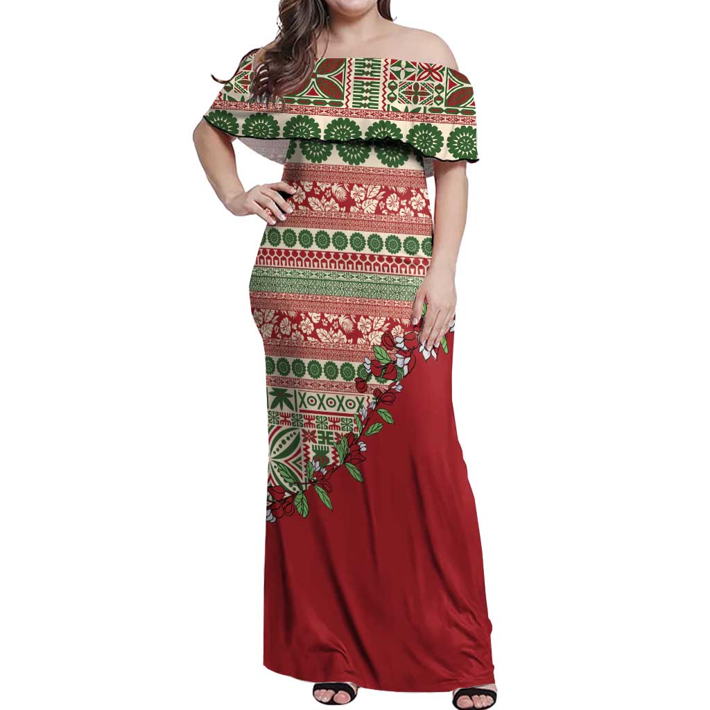 Fiji Marau na Kerisimasi Off Shoulder Maxi Dress Red Tagimoucia Tapa Masi Tribal LT9 Women Red - Polynesian Pride