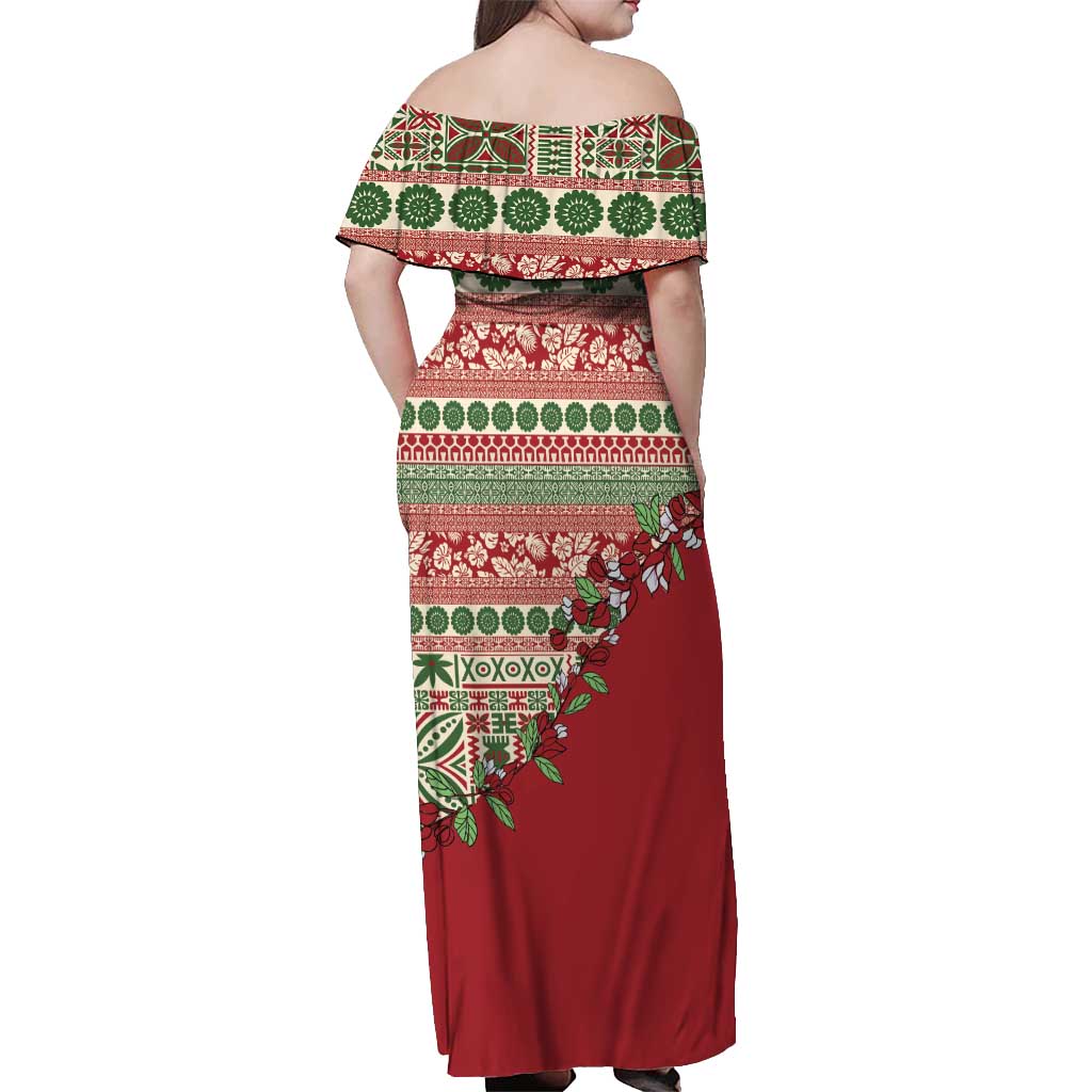 Fiji Marau na Kerisimasi Off Shoulder Maxi Dress Red Tagimoucia Tapa Masi Tribal LT9 - Polynesian Pride