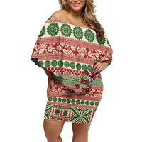 Fiji Marau na Kerisimasi Off Shoulder Short Dress Red Tagimoucia Tapa Masi Tribal LT9 Women Red - Polynesian Pride