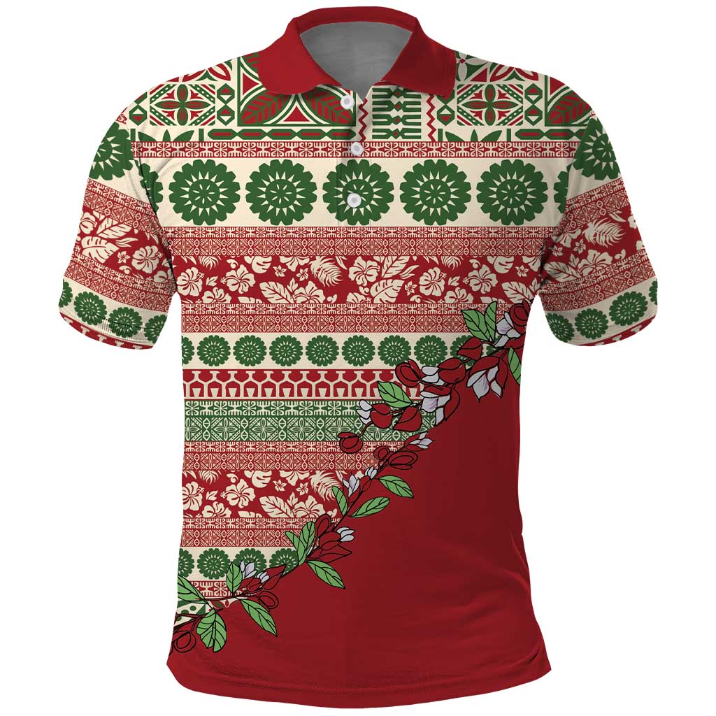 Fiji Marau na Kerisimasi Polo Shirt Red Tagimoucia Tapa Masi Tribal LT9 Red - Polynesian Pride