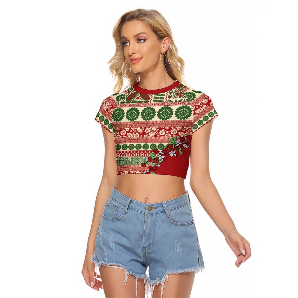 Fiji Marau na Kerisimasi Raglan Cropped T Shirt Red Tagimoucia Tapa Masi Tribal - Polynesian Pride