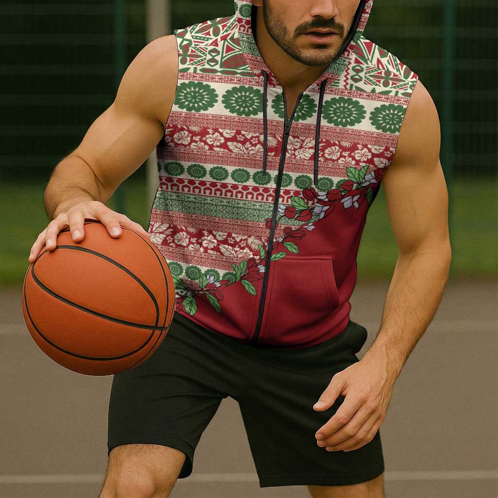 Fiji Marau na Kerisimasi Sleeveless Zip Hoodie Red Tagimoucia Tapa Masi Tribal LT9 - Polynesian Pride