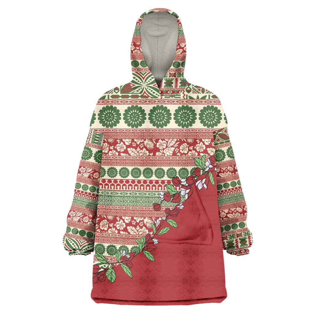 Fiji Marau na Kerisimasi Wearable Blanket Hoodie Red Tagimoucia Tapa Masi Tribal LT9 One Size Red - Polynesian Pride