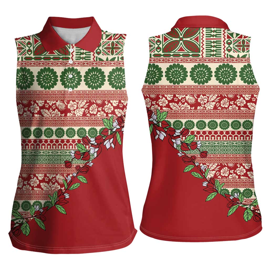 Fiji Marau na Kerisimasi Women Sleeveless Polo Shirt Red Tagimoucia Tapa Masi Tribal LT9 - Polynesian Pride