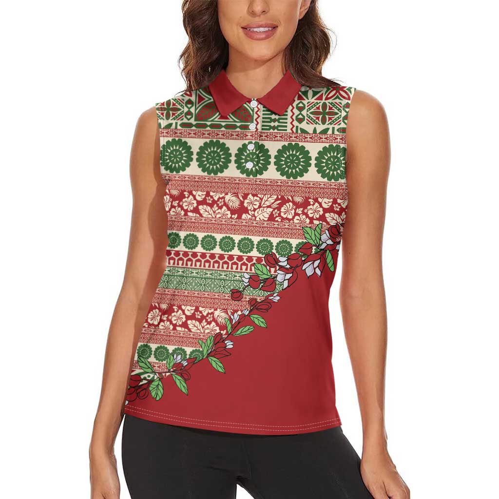 Fiji Marau na Kerisimasi Women Sleeveless Polo Shirt Red Tagimoucia Tapa Masi Tribal LT9 - Polynesian Pride