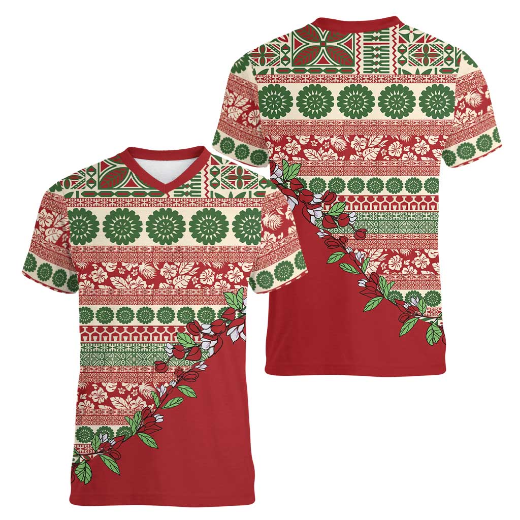 Fiji Marau na Kerisimasi Women V-Neck T-Shirt Red Tagimoucia Tapa Masi Tribal LT9 - Polynesian Pride
