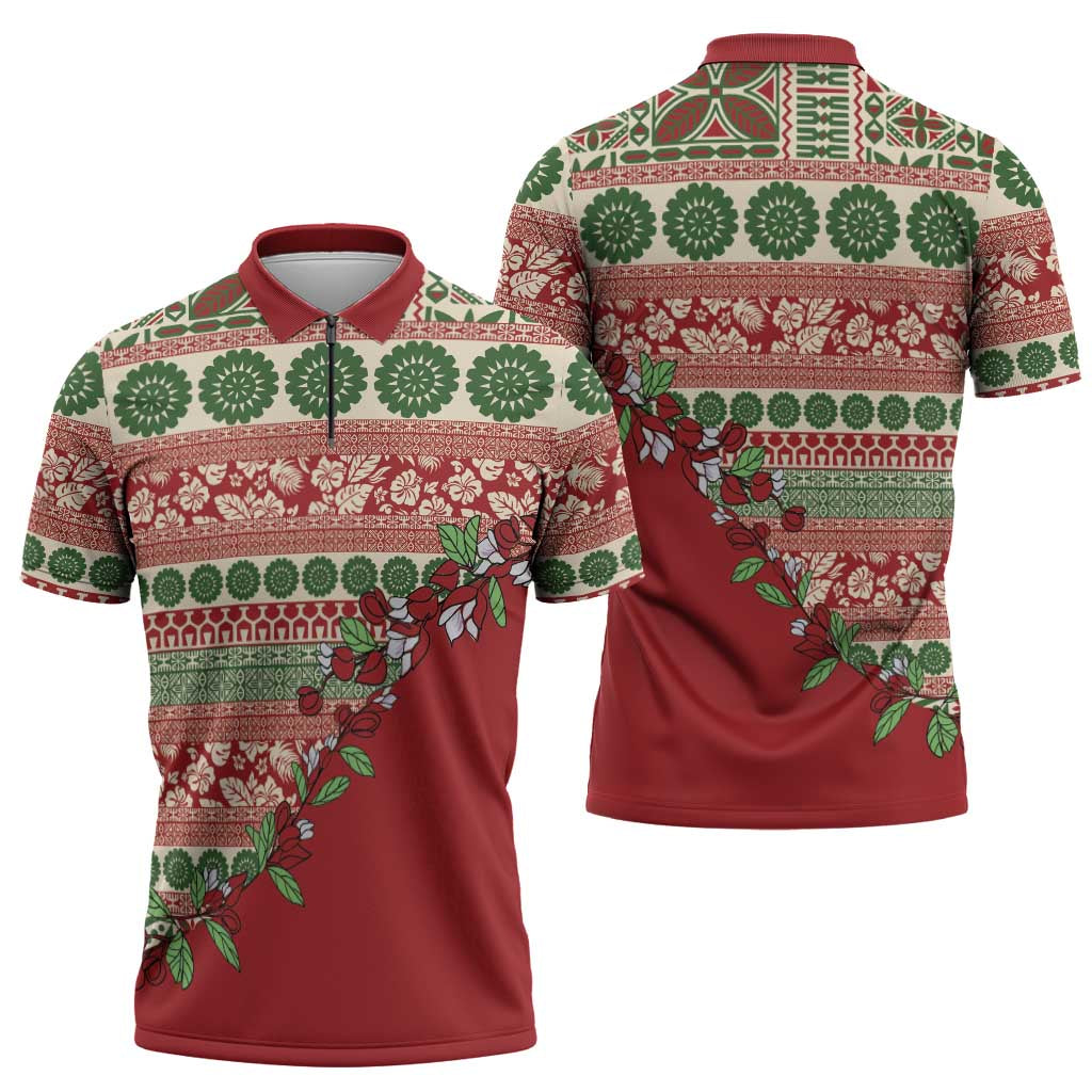 Fiji Marau na Kerisimasi Zipper Polo Shirt Red Tagimoucia Tapa Masi Tribal LT9 - Polynesian Pride