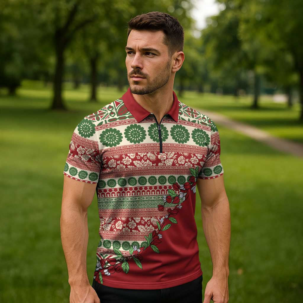 Fiji Marau na Kerisimasi Zipper Polo Shirt Red Tagimoucia Tapa Masi Tribal LT9 - Polynesian Pride