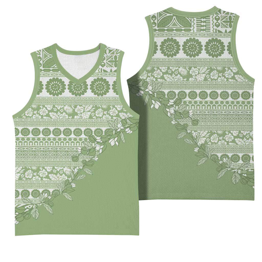 Fiji Marau na Kerisimasi Basketball Jersey Sage Green Tagimoucia Tapa Masi Tribal LT9 - Polynesian Pride
