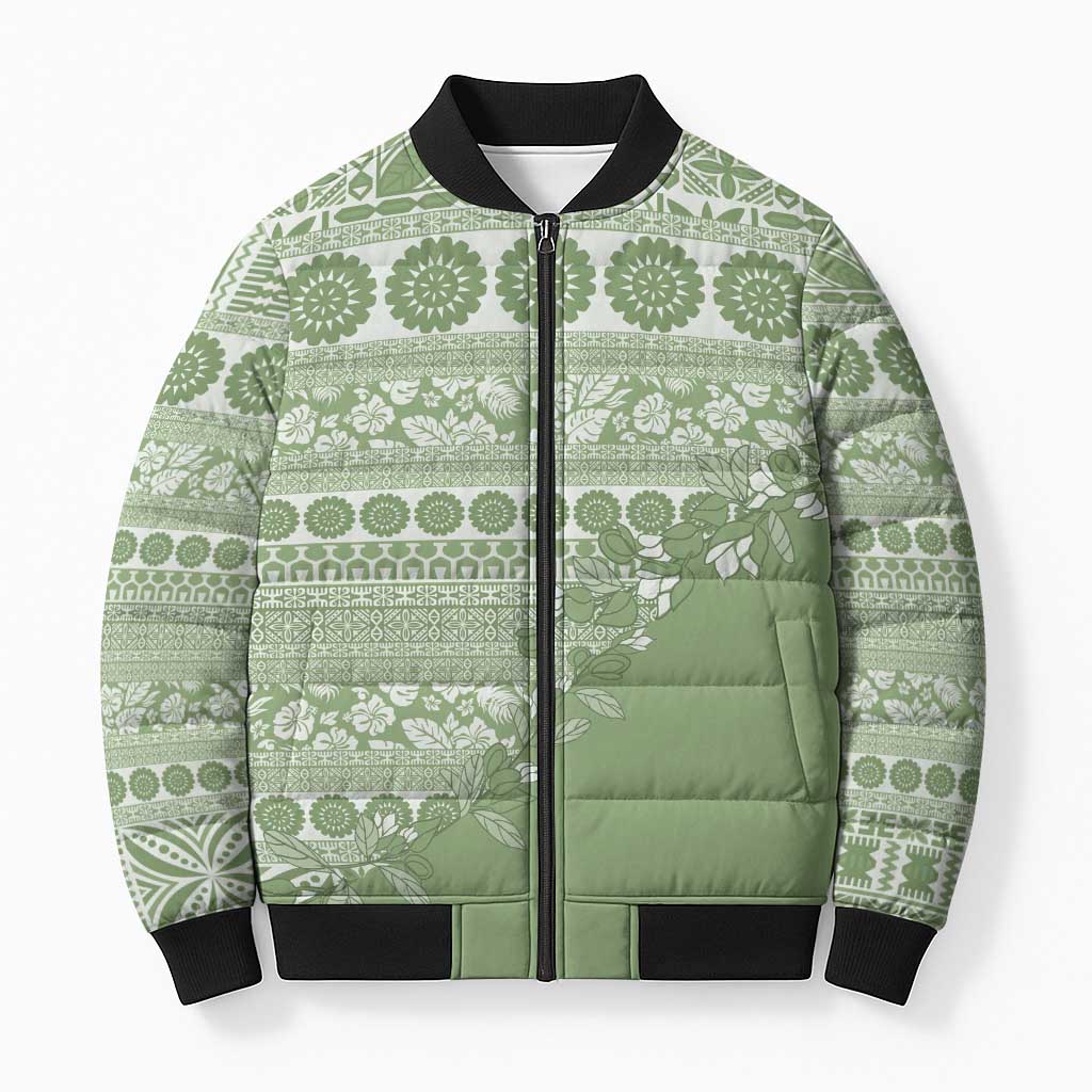Fiji Marau na Kerisimasi Bomber Puffer Jacket Sage Green Tagimoucia Tapa Masi Tribal LT9 Unisex Green - Polynesian Pride